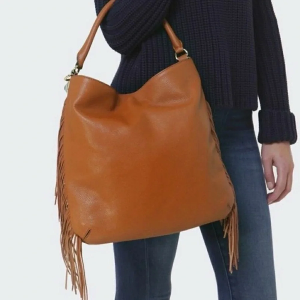 Rebecca Minkoff Clarke Leather Fringe Hobo Bag Cognac‎ Brown Western Rodeo Boho
